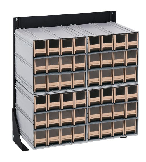 The Quantum Interlocking Storage Cabinets Floor Stand, measuring 12D x 23-5/8W x 28H, includes four Qic-122 units with a total of 48 ivory drawers. Made from black-coated 14-gauge steel, this single-sided unit supports up to 300 lbs., perfect for organizing screws or craft supplies.