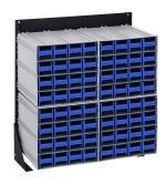 The Quantum Interlocking Storage Cabinets Floor Stand features 64 blue drawers in a compact 12D x 23-5/8W x 28H design. Its interlocking system allows seamless integration with single-sided units, offering a durable storage solution made from black-coated 14-gauge steel with a 300 lbs load capacity.