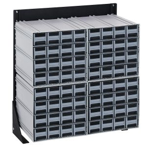 A Quantum Interlocking Storage Cabinet floor stand, single-sided and black-coated, features a 300 lbs. load capacity. It includes (4) QIC-161 bins and (64) gray drawers, providing efficient organization for tools in multiple rows, supported by a sturdy 14 gauge steel frame. Dimensions: 12D x 23-5/8W x 28H.