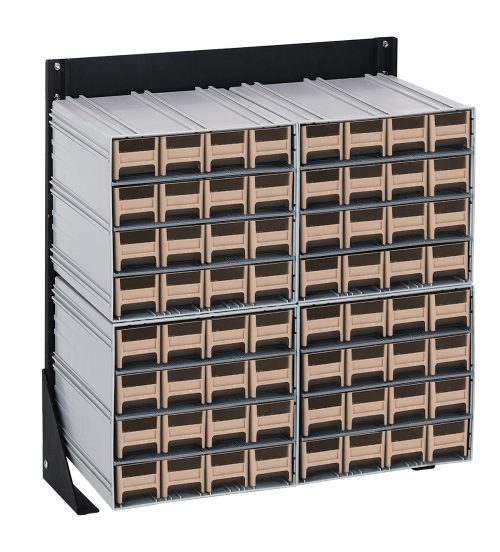 A wall-mounted Quantum Interlocking Storage System features 64 ivory drawers organized in a grid with three rows and ten columns. The black 14-gauge steel frame includes four QIC-161 bins, each measuring 12D x 23-5/8W x 28H, ideal for efficient small item sorting.