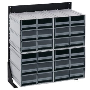This wall-mounted organizer comes with 24 gray plastic drawers in a 3x4 grid, each featuring a black label slot for easy ID. Supported by a sturdy black metal frame, it mimics the Quantum Interlocking Storage Cabinets Floor Stands durability and sleek design.