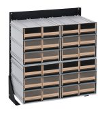 The Quantum Interlocking Storage Cabinet Floor Stand features 24 small, transparent ivory drawers in a single-sided design with beige handles, ideal for organizing small items.