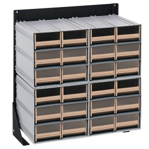 The Quantum Interlocking Storage Cabinet Floor Stand features 24 small, transparent ivory drawers in a single-sided design with beige handles, ideal for organizing small items.