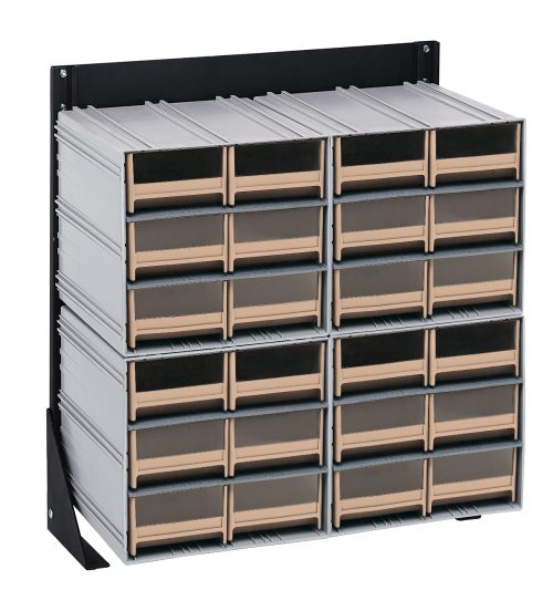 QIC-124-64_IV.jpg The Quantum Interlocking Storage Cabinet Floor Stand features 24 small, transparent ivory drawers in a single-sided design with beige handles, ideal for organizing small items.