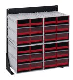 A black-coated Quantum Interlocking Storage Cabinet Floor Stand, single-sided with a 12D x 23-5/8W x 28H frame and a load capacity of 300 lbs. It includes (4) QIC-64 and features (24) red drawers for organizing small items or tools. Made from 14-gauge steel.