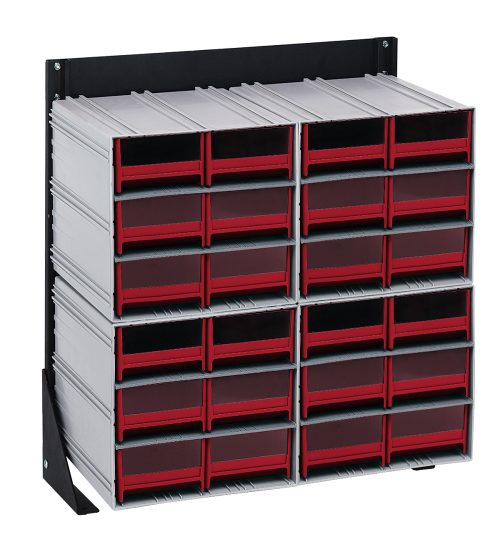 A black-coated Quantum Interlocking Storage Cabinet Floor Stand, single-sided with a 12D x 23-5/8W x 28H frame and a load capacity of 300 lbs. It includes (4) QIC-64 and features (24) red drawers for organizing small items or tools. Made from 14-gauge steel.