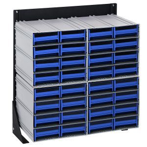 The Quantum Interlocking Storage Cabinets Floor Stand features a single-sided design, measuring 12D x 23-5/8W x 28H, with (32) blue drawers in five columns and four rows. Made from 14-gauge steel with a black coated finish, it includes finger grip handles for organizing small items.