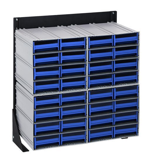 QIC-124-83_BL.jpg The Quantum Interlocking Storage Cabinets Floor Stand features a single-sided design, measuring 12D x 23-5/8W x 28H, with (32) blue drawers in five columns and four rows. Made from 14-gauge steel with a black coated finish, it includes finger grip handles for organizing small items.