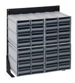 The Quantum Interlocking Storage Cabinet Floor Stand is a single-sided, wall-mounted unit with 32 gray drawers in a sleek black, 14-gauge steel frame. Measuring 12D x 23-5/8W x 28H and with a load capacity of 300 lbs, its ideal for organizing small items or tools. Includes: (4) Qic-83.