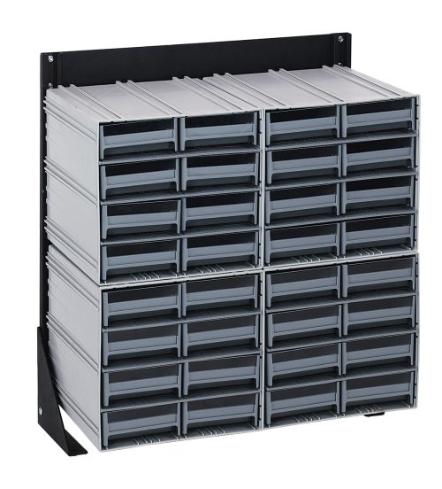 The Quantum Interlocking Storage Cabinet Floor Stand is a single-sided, wall-mounted unit with 32 gray drawers in a sleek black, 14-gauge steel frame. Measuring 12D x 23-5/8W x 28H and with a load capacity of 300 lbs, its ideal for organizing small items or tools. Includes: (4) Qic-83.