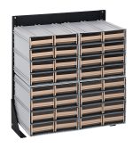 The Quantum Interlocking Storage Cabinet, a sleek wall-mounted unit, features 32 ivory drawers with transparent fronts for easy organization. Its interlocking system supports up to a 300 lbs. load capacity. The black-coated finish complements any space and includes (4) QIC-83 for enhanced versatility.