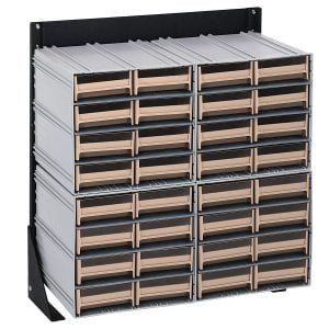 The Quantum Interlocking Storage Cabinet, a sleek wall-mounted unit, features 32 ivory drawers with transparent fronts for easy organization. Its interlocking system supports up to a 300 lbs. load capacity. The black-coated finish complements any space and includes (4) QIC-83 for enhanced versatility.