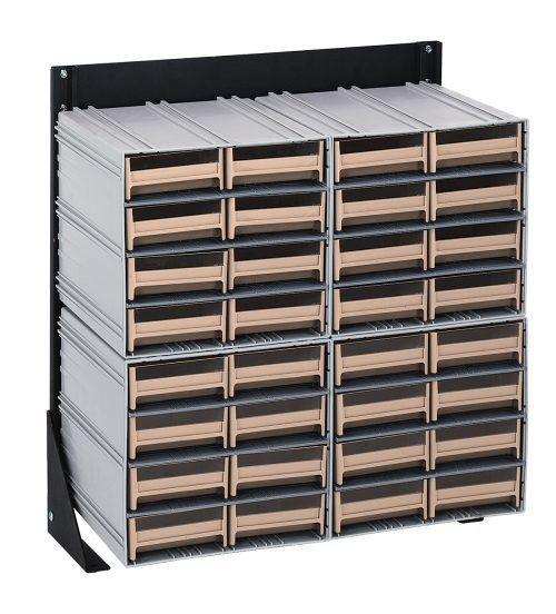 QIC-124-83_IV.jpg The Quantum Interlocking Storage Cabinet, a sleek wall-mounted unit, features 32 ivory drawers with transparent fronts for easy organization. Its interlocking system supports up to a 300 lbs. load capacity. The black-coated finish complements any space and includes (4) QIC-83 for enhanced versatility.