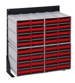 The Quantum Interlocking Storage Cabinet is a single-sided floor stand, featuring 32 red drawers within a black coated 14-gauge steel frame. Measuring 12D x 23-5/8W x 28H, it holds up to 300 lbs, making it perfect for tools or hardware while blending style with function.