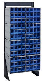 The Quantum Interlocking Storage Cabinets Floor Stand is a tall, single-sided unit with 96 blue plastic drawers in a 14-gauge steel frame, measuring 12D x 23-5/8W x 52H. It has sleek black-coated side panels and supports up to 300 lbs.