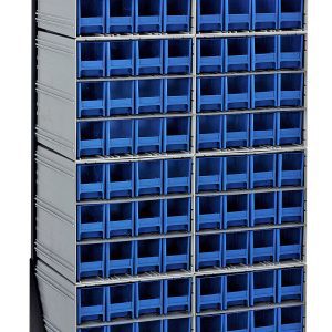 The Quantum Interlocking Storage Cabinets Floor Stand is a tall, single-sided unit with 96 blue plastic drawers in a 14-gauge steel frame, measuring 12D x 23-5/8W x 52H. It has sleek black-coated side panels and supports up to 300 lbs.