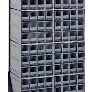 A tall black Quantum Interlocking Storage Cabinet floor stand, measuring 12D x 23-5/8W x 52H, features a grid of 96 small gray drawers for small items or components. This single-sided unit holds up to 300 lbs., includes space for (8) QIC-122, and has an open-fronted design with a black finish.