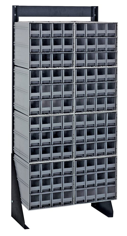 A tall black Quantum Interlocking Storage Cabinet floor stand, measuring 12D x 23-5/8W x 52H, features a grid of 96 small gray drawers for small items or components. This single-sided unit holds up to 300 lbs., includes space for (8) QIC-122, and has an open-fronted design with a black finish.