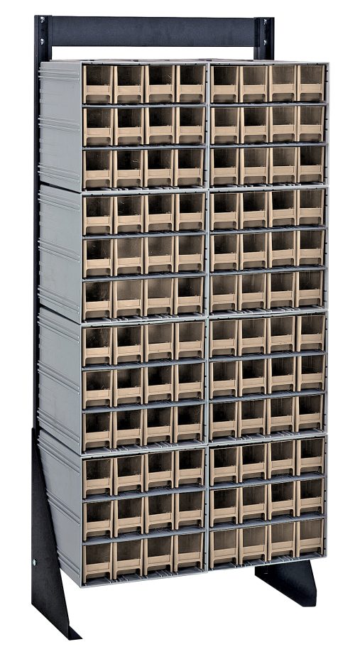 The Quantum Interlocking Storage Cabinets Floor Stand is a single-sided unit with 96 ivory drawers in five columns and twelve rows, each featuring a label slot. Measuring 12D x 23-5/8W x 52H, this black-coated steel rack supports up to 300 lbs., ideal for organizing small items.