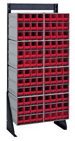 The Quantum Interlocking Storage Cabinet Floor Stand is a single-sided unit measuring 12D x 23-5/8W x 52H, with a black coated finish and sturdy frame. It boasts 96 red drawers perfect for organizing small items and includes (8) QIC-122 to enhance functionality, supporting up to 300 lbs.