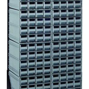 The Quantum Interlocking Storage Cabinets Floor Stand, with a black-coated steel finish, features 128 gray plastic drawers and includes eight QIC-161 compartments. This single-sided rack can hold up to 300 lbs and provides an ideal grid layout for organizing tools or small items.