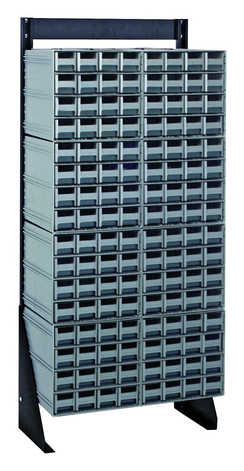 The Quantum Interlocking Storage Cabinets Floor Stand, with a black-coated steel finish, features 128 gray plastic drawers and includes eight QIC-161 compartments. This single-sided rack can hold up to 300 lbs and provides an ideal grid layout for organizing tools or small items.