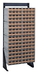The Quantum Interlocking Storage Cabinet features a single-sided design with 128 ivory drawers, supported by a black stand. It measures 12D x 23-5/8W x 52H and holds up to 300 lbs. The cabinet is made of durable 14-gauge steel with an interlocking system for added stability.