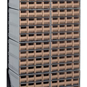 The Quantum Interlocking Storage Cabinet features a single-sided design with 128 ivory drawers, supported by a black stand. It measures 12D x 23-5/8W x 52H and holds up to 300 lbs. The cabinet is made of durable 14-gauge steel with an interlocking system for added stability.