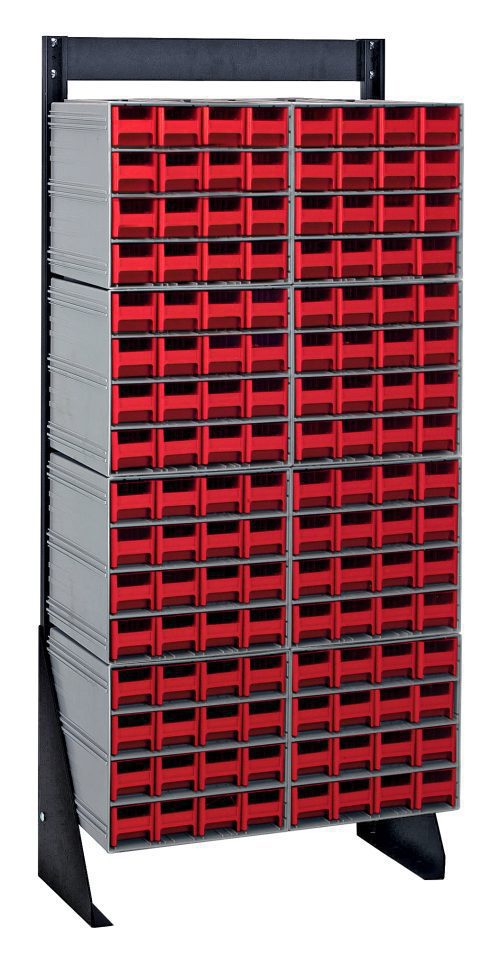 The Quantum Interlocking Storage Cabinets Floor Stand is single-sided, measures 12D x 23-5/8W x 52H, and has a load capacity of 300 lbs. It features a black-coated finish and includes (8) Qic-161 with (128) red drawers, made from 14-gauge steel to efficiently organize small items.