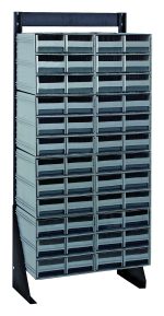 The Quantum Interlocking Storage Cabinets Floor Stand is freestanding with 48 gray drawers in a metallic design, measuring 12D x 23-5/8W x 52H. It features a black coated finish and supports up to a 300 lbs load capacity with its sturdy frame on angled black legs.