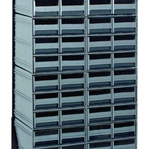 The Quantum Interlocking Storage Cabinets Floor Stand is freestanding with 48 gray drawers in a metallic design, measuring 12D x 23-5/8W x 52H. It features a black coated finish and supports up to a 300 lbs load capacity with its sturdy frame on angled black legs.
