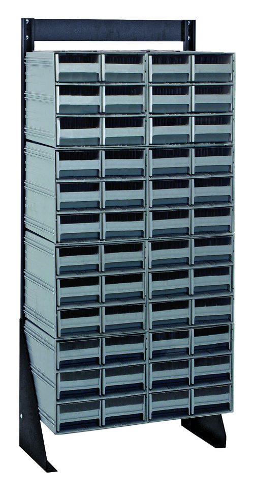 The Quantum Interlocking Storage Cabinets Floor Stand is freestanding with 48 gray drawers in a metallic design, measuring 12D x 23-5/8W x 52H. It features a black coated finish and supports up to a 300 lbs load capacity with its sturdy frame on angled black legs.