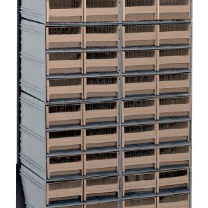 The Quantum Interlocking Storage Cabinets Floor Stand features 48 single-sided ivory drawers on a sleek black-coated 14-gauge steel frame. Each setup has eight Qic-64 units, can support up to 300 lbs, and measures 12D x 23-5/8W x 52H.