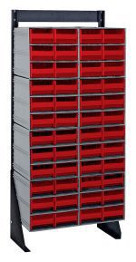 The Quantum Interlocking Storage Cabinets Floor Stand is single-sided and measures 12D x 23-5/8W x 52H. It can hold up to 300 lbs. and includes (8) QIC-64 units with a total of (48) red drawers, all supported by a black-coated, robust 14-gauge steel frame for efficient organization.