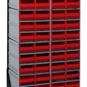 The Quantum Interlocking Storage Cabinets Floor Stand is single-sided and measures 12D x 23-5/8W x 52H. It can hold up to 300 lbs. and includes (8) QIC-64 units with a total of (48) red drawers, all supported by a black-coated, robust 14-gauge steel frame for efficient organization.