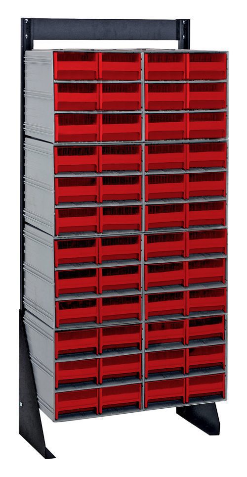 The Quantum Interlocking Storage Cabinets Floor Stand is single-sided and measures 12D x 23-5/8W x 52H. It can hold up to 300 lbs. and includes (8) QIC-64 units with a total of (48) red drawers, all supported by a black-coated, robust 14-gauge steel frame for efficient organization.