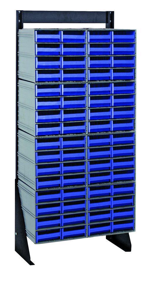 QIC-148-83_BL.jpg The Quantum Interlocking Storage Cabinet, single-sided at 12D x 23-5/8W x 52H, includes eight QIC-83 units with 64 blue drawers. Its black-coated steel frame ensures stability for organizing tools or parts, while drawers stay uniformly aligned. Suitable for up to a 300 lbs load capacity.