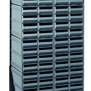 The Quantum Interlocking Storage Cabinet Floor Stand is a single-sided unit, 12D x 23-5/8W x 52H, with a 300 lbs. load capacity. It includes (8) QIC-83 and (64) gray drawers in a grid pattern for easy visibility, supported by an angled black frame made of sturdy 14-gauge steel.