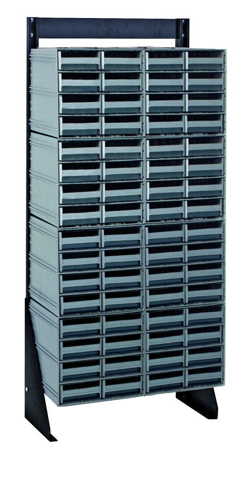 The Quantum Interlocking Storage Cabinet Floor Stand is a single-sided unit, 12D x 23-5/8W x 52H, with a 300 lbs. load capacity. It includes (8) QIC-83 and (64) gray drawers in a grid pattern for easy visibility, supported by an angled black frame made of sturdy 14-gauge steel.