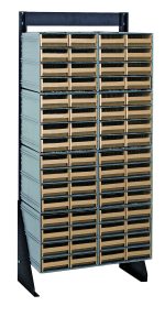 The Quantum Interlocking Storage Cabinets Floor Stand is a single-sided metal rack with 64 ivory drawers arranged in five columns and eight rows, perfect for organizing tools. It includes 8 QIC-83 units with beige handles, supported by a black frame measuring 12D x 23-5/8W x 52H, with a load capacity of 300 lbs.