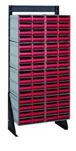 The Quantum Interlocking Storage Cabinets Floor Stand is a freestanding, single-sided unit with a black-coated gray frame that holds 64 red drawers. Measuring 12D x 23-5/8W x 52H, it supports up to 300 lbs., making it perfect for organizing tools and small items.