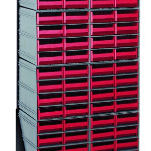 The Quantum Interlocking Storage Cabinets Floor Stand is a freestanding, single-sided unit with a black-coated gray frame that holds 64 red drawers. Measuring 12D x 23-5/8W x 52H, it supports up to 300 lbs., making it perfect for organizing tools and small items.