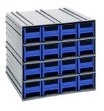 The compact Quantum Interlocking Storage Cabinet measures 11-3/8D x 11-3/4W x 11H, featuring gray exteriors and blue drawers arranged in four rows and three columns. Each drawer includes 16 IDR201 windows, two dividers, a black label area, and is ideal for organizing small items. Made in the USA.