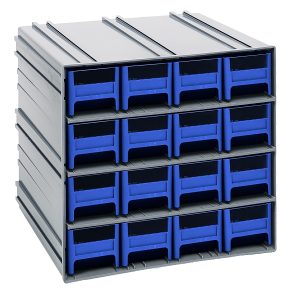 The compact Quantum Interlocking Storage Cabinet measures 11-3/8D x 11-3/4W x 11H, featuring gray exteriors and blue drawers arranged in four rows and three columns. Each drawer includes 16 IDR201 windows, two dividers, a black label area, and is ideal for organizing small items. Made in the USA.