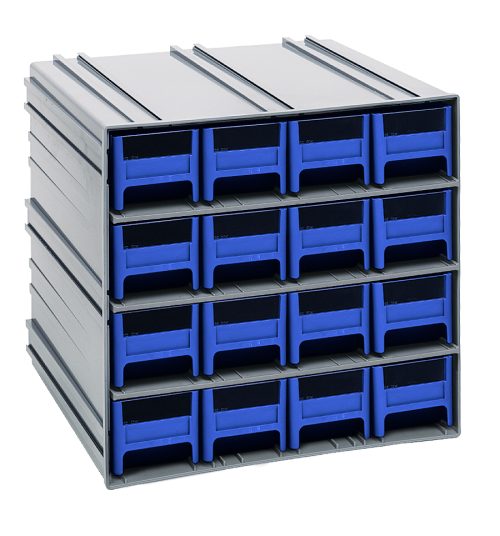 The compact Quantum Interlocking Storage Cabinet measures 11-3/8D x 11-3/4W x 11H, featuring gray exteriors and blue drawers arranged in four rows and three columns. Each drawer includes 16 IDR201 windows, two dividers, a black label area, and is ideal for organizing small items. Made in the USA.