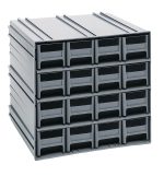Quantum Interlocking Storage Cabinets feature gray drawers with open fronts and three levels, each having compartments. Model (16) IDR201 includes windows and two dividers per drawer. Cabinets interlock both horizontally and vertically or can be wall-mounted. Made in the USA, they ensure easy access and organization.
