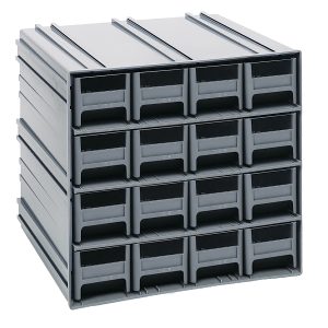 Quantum Interlocking Storage Cabinets feature gray drawers with open fronts and three levels, each having compartments. Model (16) IDR201 includes windows and two dividers per drawer. Cabinets interlock both horizontally and vertically or can be wall-mounted. Made in the USA, they ensure easy access and organization.