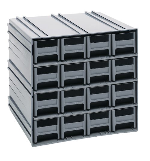 Quantum Interlocking Storage Cabinets feature gray drawers with open fronts and three levels, each having compartments. Model (16) IDR201 includes windows and two dividers per drawer. Cabinets interlock both horizontally and vertically or can be wall-mounted. Made in the USA, they ensure easy access and organization.