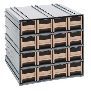 Discover the Quantum Interlocking Storage Cabinets, measuring 11-3/8D x 11-3/4W x 11H. This versatile gray organizer includes ivory drawers with dark transparent windows and dividers, keeping small items sorted. Stack or wall-mount them for flexible storage solutions, perfect for any space. Made in the USA.