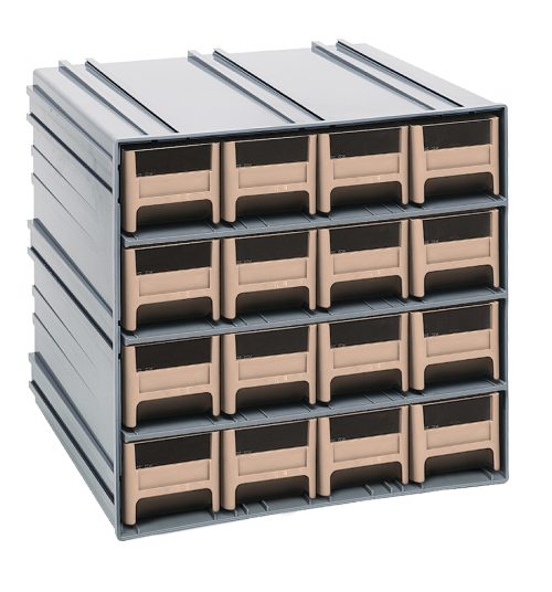 Discover the Quantum Interlocking Storage Cabinets, measuring 11-3/8D x 11-3/4W x 11H. This versatile gray organizer includes ivory drawers with dark transparent windows and dividers, keeping small items sorted. Stack or wall-mount them for flexible storage solutions, perfect for any space. Made in the USA.